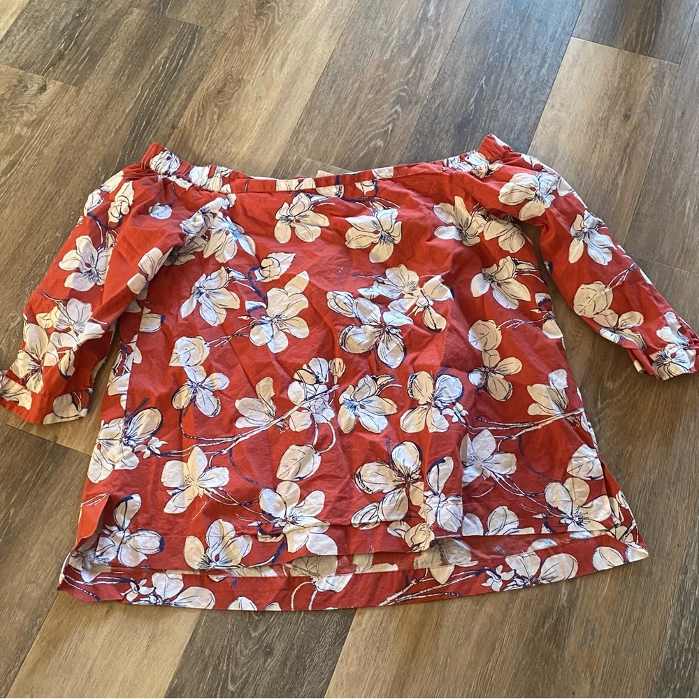 Ann Taylor Loft Outlet Blouse Womens Sz Small  Orange Floral Off‎ Shoulder Bow